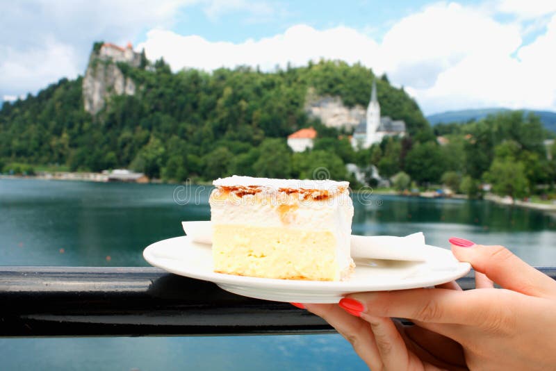 Vanilla and Custard Cream Cake on Bled Lake in SLovenia Stock Photo