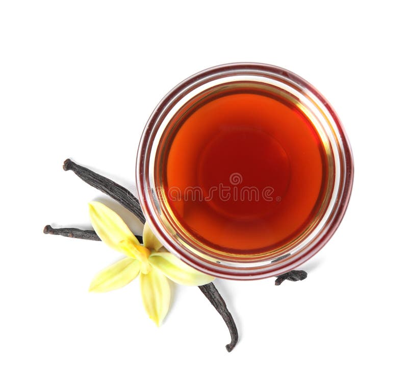 Vanilla Extract, Flower and Dry Pods Isolated on White Stock Photo