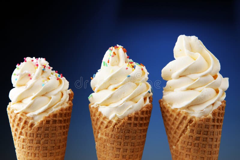 Vanilla frozen yogurt or soft ice cream in waffle cone.