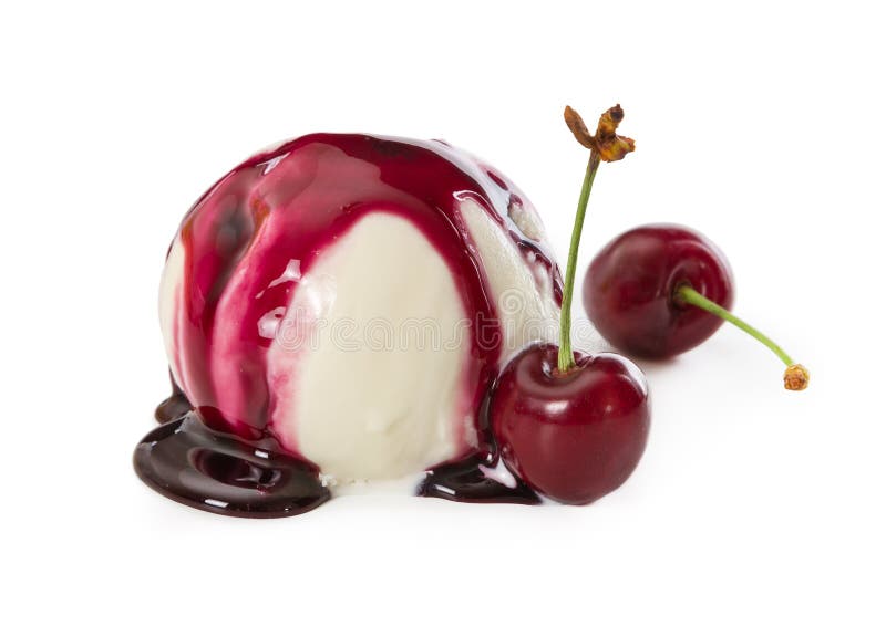 Vanilla ice cream ball with fresh cherries and cherry syrup isolated on white