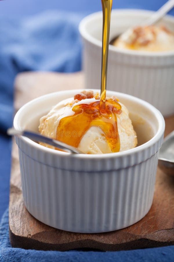 Vanilla Ice Cream with Caramel Syrup Stock Photo Image of metal