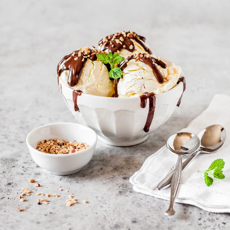 Vanilla Ice Cream with Chocolate Topping Stock Photo Image of ganache