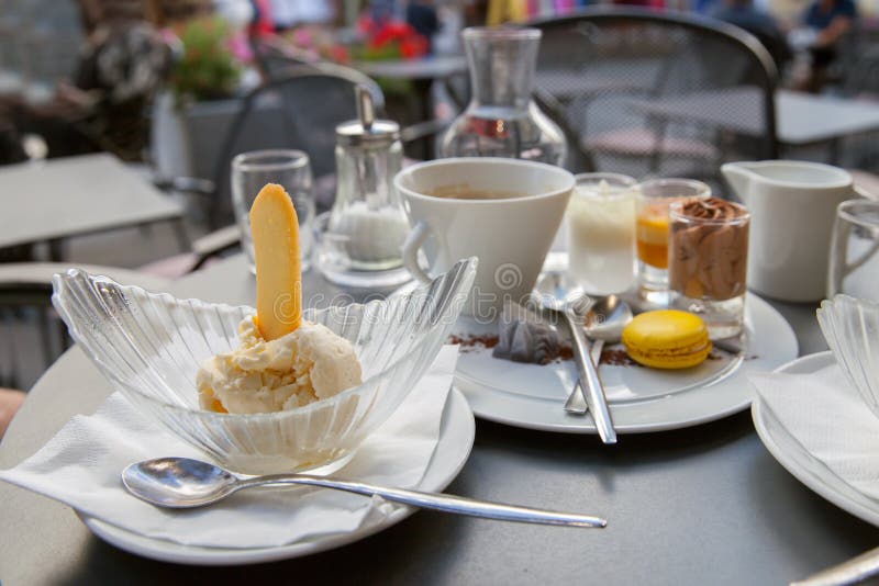 Vanilla Ice Cream with Cookie and Cup of Coffee Stock Image Image of