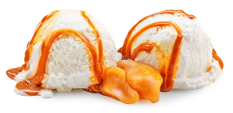 Vanilla ice cream with Melting caramel pieces isolated on white background, closeup royalty free stock images