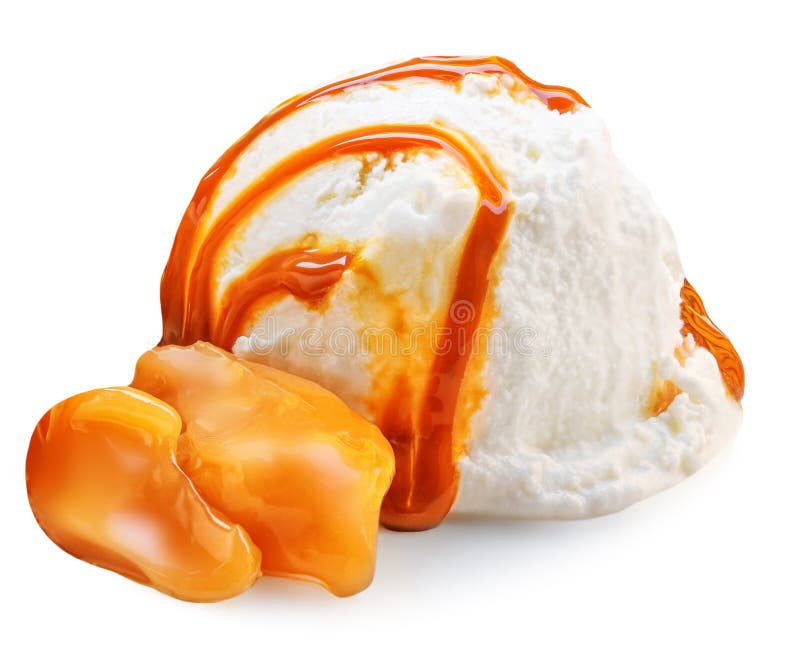 Vanilla ice cream with Melting caramel pieces isolated on white background, closeup stock images
