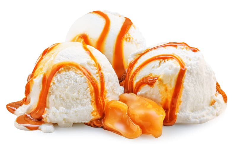 Vanilla ice cream with Melting caramel sauce isolated on white background stock images
