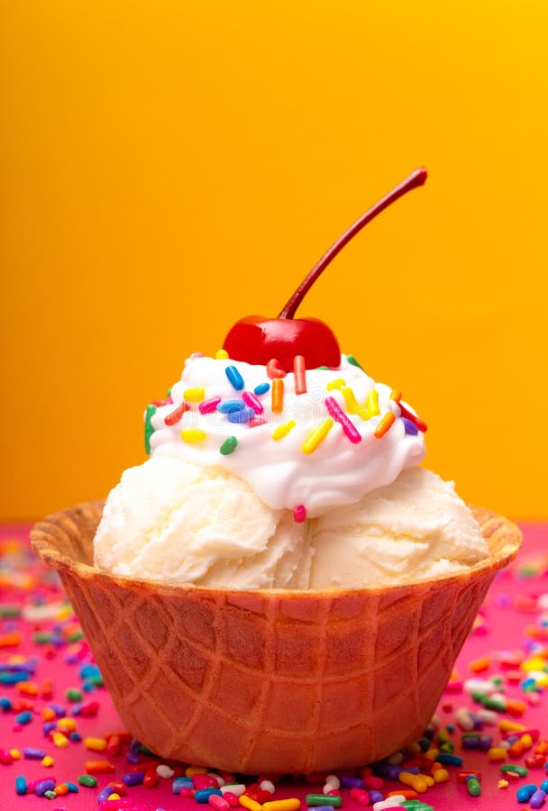 Vanilla Ice Cream in a Waffle Cone Bowl with a Cherry on Top