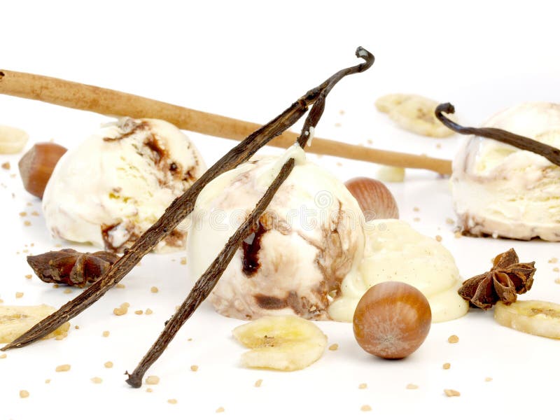 Vanilla Iceceam with Cinnamon and Nuts on White Background Isolated