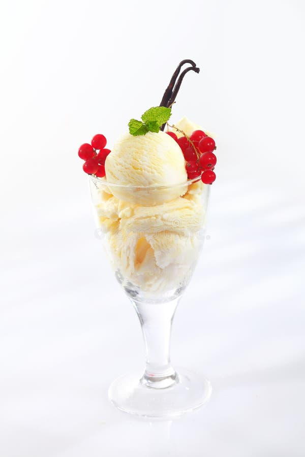 Serving of vanilla icream with colourful ripe redcurrants in a glass container garnished with dried vanilla pods. Serving of vanilla icream with colourful ripe redcurrants in a glass container garnished with dried vanilla pods