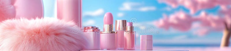 Măsuță de Toaletă Roz Luxoasă cu Machiaj, Sticle de Parfum și Accente de Blană Moale stock illustration