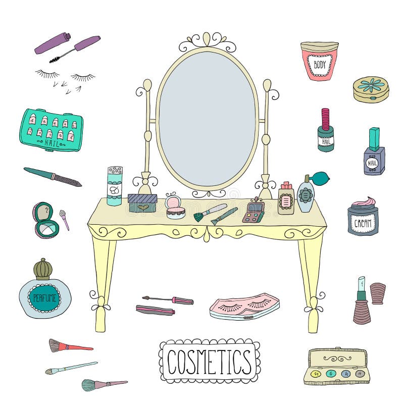 Vanity Table with Mirror and Makeup. Stock Vector Illustration of