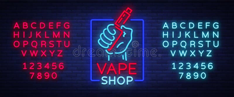 Vape sklepowa neonowa ikona, logo odizolowywał Wektorową ilustrację Neonowy znak, noc rozjarzony sztandar sprzedaje elektroniczny ilustracji