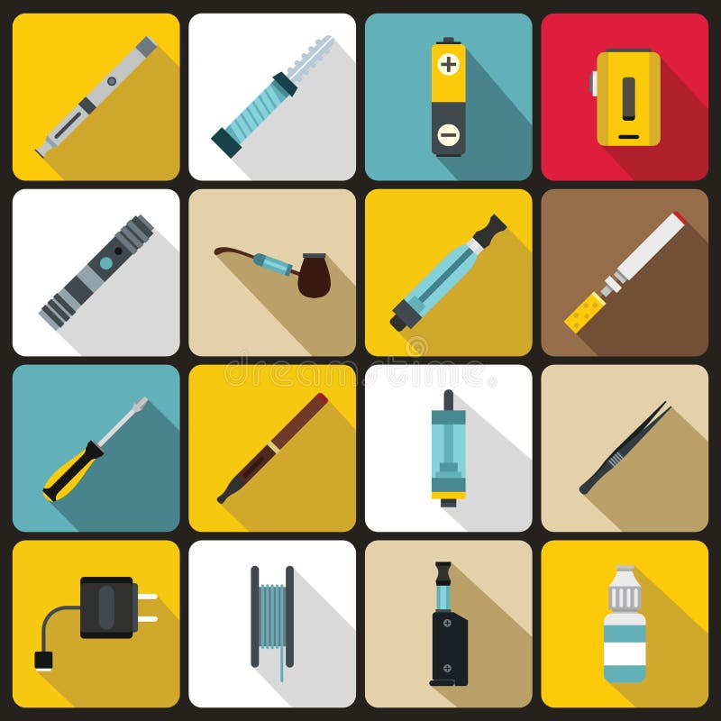 Vaping symbolsuppsättning, lägenhetstil vektor illustrationer Vaping symbolsuppsättning, lägenhetstil vektor illustrationer