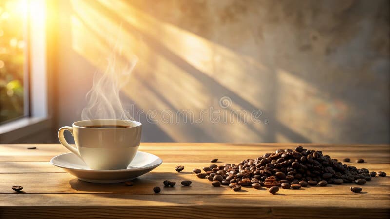 Vapore acqueo di caffè del mattino proveniente da una tazza calda accanto a fagioli torrefatti su un tavolo di legno in una stanza illustrazione vettoriale