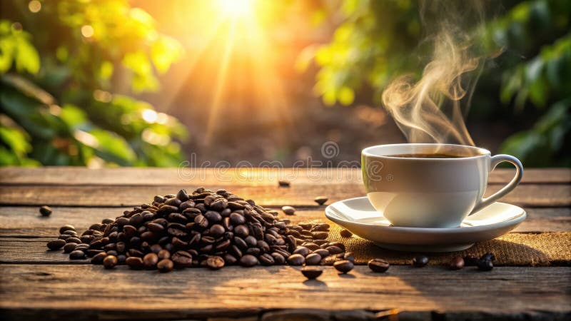 Vapore aromatico di rastremazione mattutino proveniente da una tazza di caffè accanto a una pila di fagioli torrefatti su legno di royalty illustrazione gratis