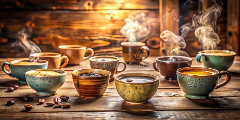 Vapore aromatico ottenuto da una raccolta di diverse tazze da caffè su una tavola di legno rustico. Generative AI royalty illustrazione gratis
