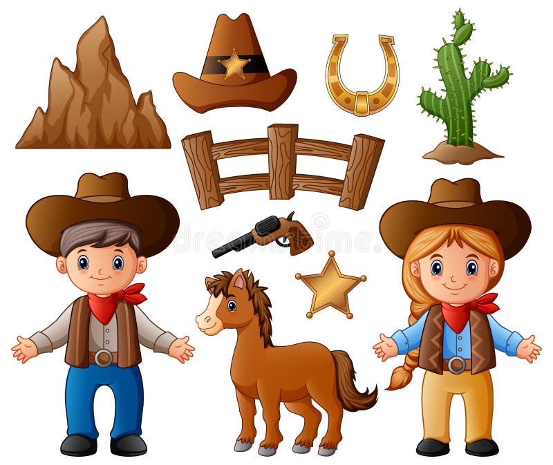 Vaqueiro e vaqueira dos desenhos animados com elementos ocidentais selvagens ilustração do vetor Vaqueiro e vaqueira dos desenhos animados com elementos ocidentais selvagens ilustração do vetor
