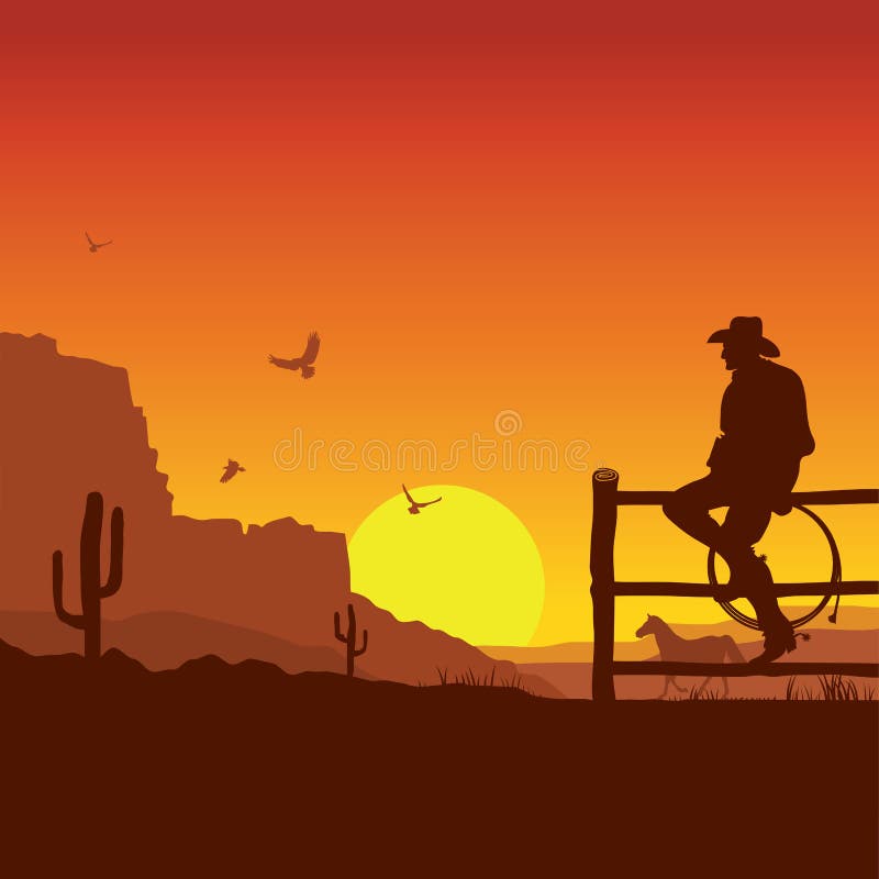 Vaquero americano en paisaje del oeste salvaje de la puesta del sol por la tarde