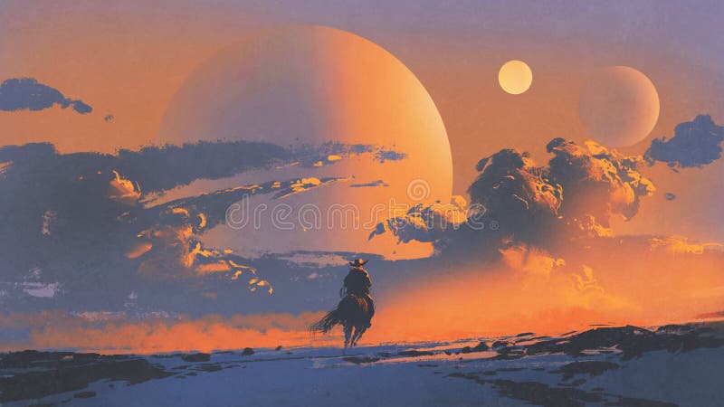Vaquero que monta un caballo contra el cielo de la puesta del sol