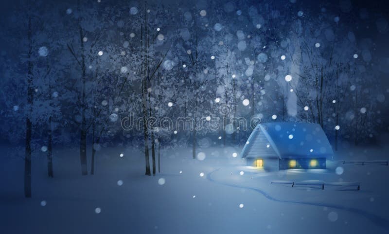 Winter night landscape with house in forest. Winter night landscape with house in forest.