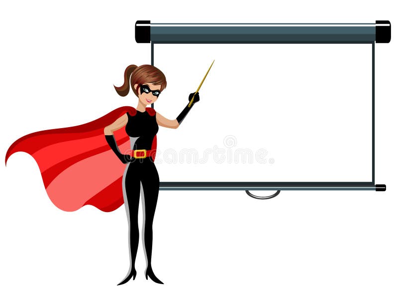 Vara da mulher do super-herói que ensina a tela vazia do projetor isolada ilustração stock Vara da mulher do super-herói que ensina a tela vazia do projetor isolada ilustração stock