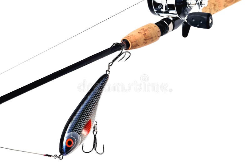 A vara de pesca, carretel, wobbler, trançou a linha de pesca jer da trela do metal imagem de stock A vara de pesca, carretel, wobbler, trançou a linha de pesca jer da trela do metal imagem de stock