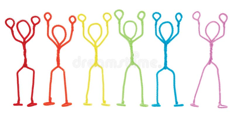 Isolated rainbow colored pipe cleaner stick figures with arms raised overhead as if being held up at gunpoint. Isolated rainbow colored pipe cleaner stick figures with arms raised overhead as if being held up at gunpoint.