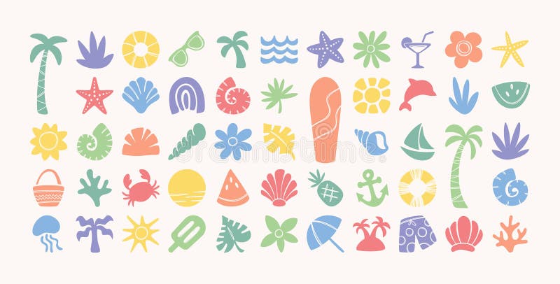 Vara soare plajă vacanță boho elemente de design izolate set în stil simplu de culoare pastel vector illustration