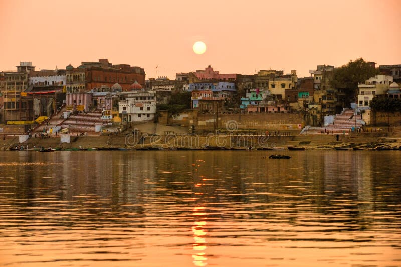 Varanasi (Benares) at sunset, uttar Pradesh, from the gange river, India. Varanasi (Benares) at sunset, uttar Pradesh, from the gange river, India.