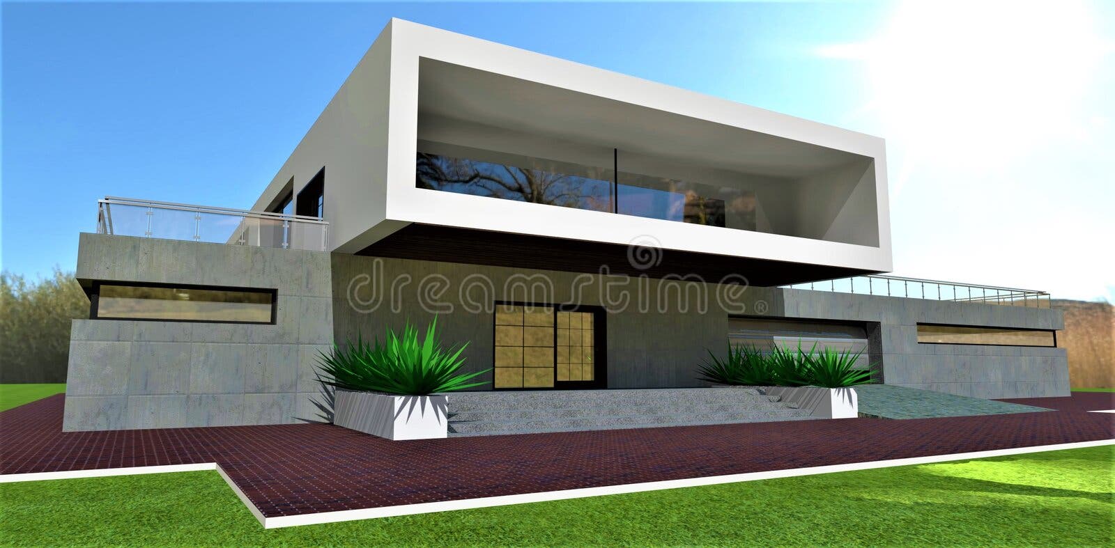 Renderização em 3d de uma casa moderna com fachada escura. casa com janelas  panorâmicas e terraço. tijolo