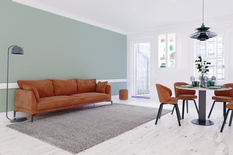 Vardagsrum med en brunsofa grön mag-matningsgolv av trä stock illustrationer