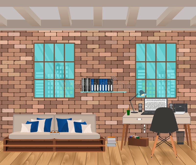 Vardagsruminre i hipsterstil med tegelstenväggen, soffan, arbetsplatsen, boofshelf och fönster royaltyfri illustrationer Vardagsruminre i hipsterstil med tegelstenväggen, soffan, arbetsplatsen, boofshelf och fönster royaltyfri illustrationer