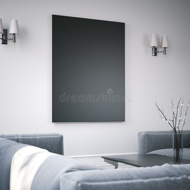 Vardagsruminre med ramen för svartmellanrumsbild framförande 3d vektor illustrationer Vardagsruminre med ramen för svartmellanrumsbild framförande 3d vektor illustrationer