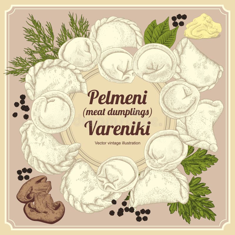 Vareniki Pelmeni Bolas de masa hervida de la carne Alimento Eneldo, perejil, pimienta negra, hoja de laurel cooking Platos nacion libre illustration Vareniki Pelmeni Bolas de masa hervida de la carne Alimento Eneldo, perejil, pimienta negra, hoja de laurel cooking Platos nacion libre illustration