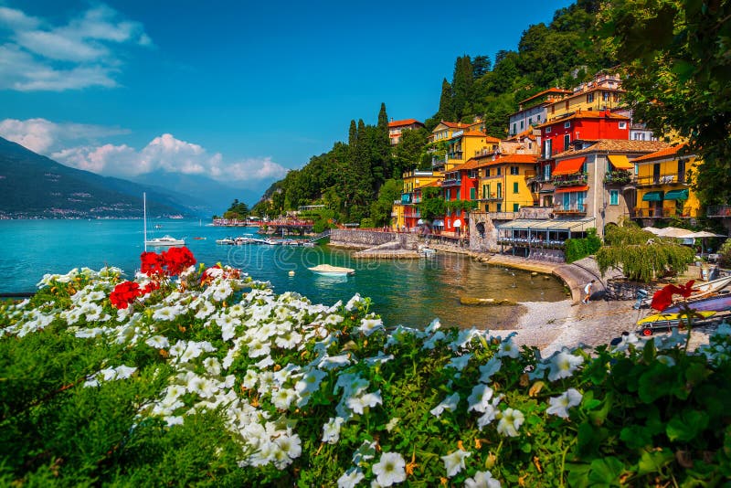 Varenna Resort View with Anchored Boats in Harbor, Lake Como Stock ...