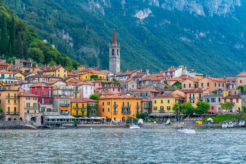 Varenna Lakefront and the Town, Ornamental Flowers, Sailing Boat in a