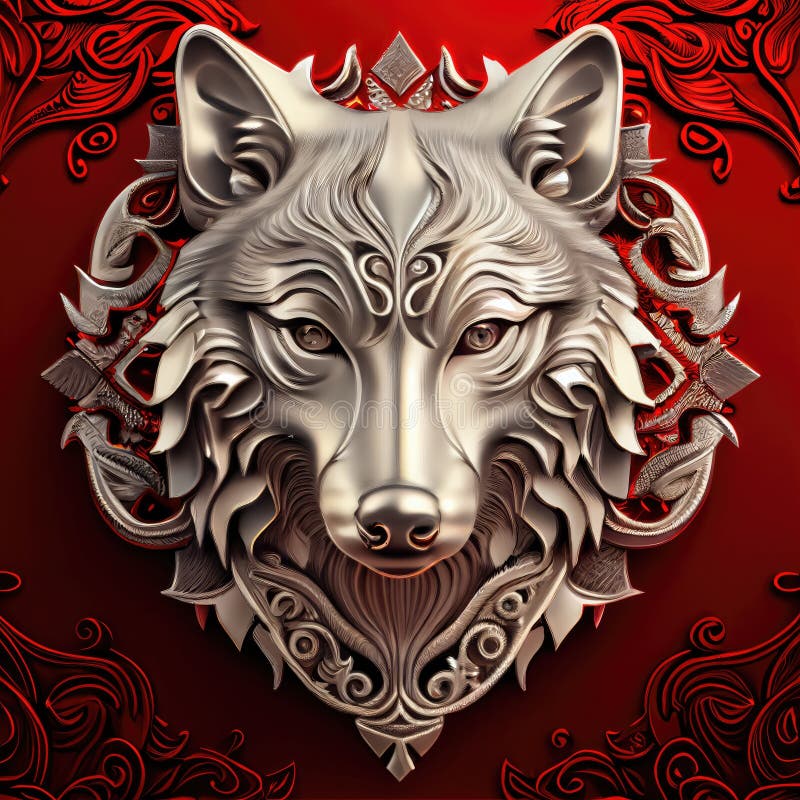 Varghuvudets emblem med metallram, generativ illustration royaltyfri illustrationer