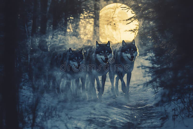 Vargpaket går genom en Moonlit-skog stock illustrationer