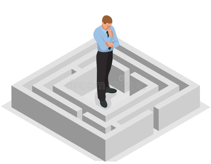 Various ways. Solving problems. Businessman finding the solution of a maze. Business concept. Vector 3d flat isometric illustration. Various ways. Solving problems. Businessman finding the solution of a maze. Business concept. Vector 3d flat isometric illustration