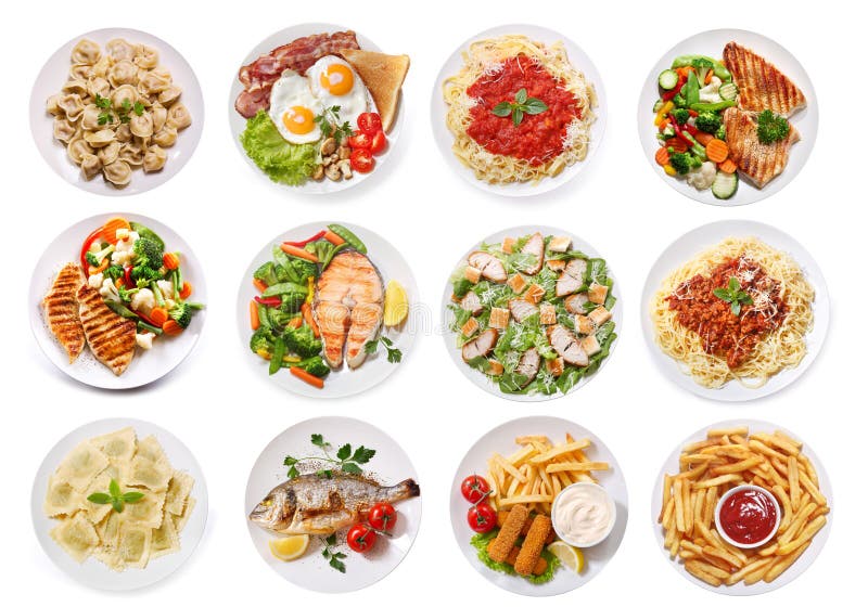 Vari piatti di alimento isolati su fondo bianco, vista superiore immagini stock