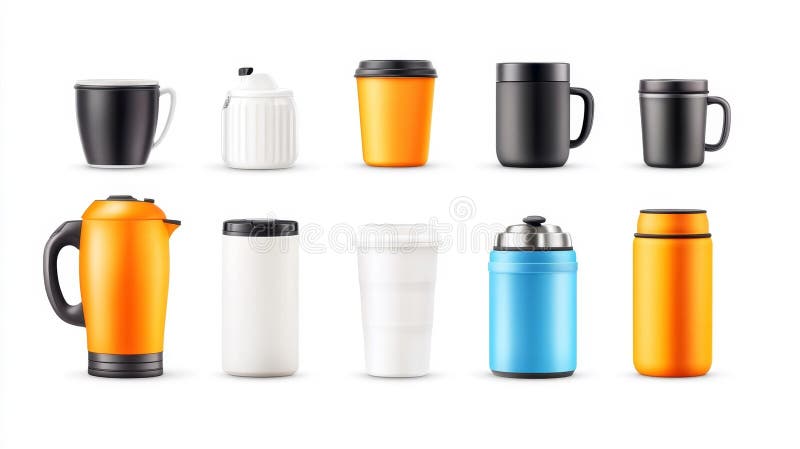 Vari tipi di tazze moderne e termose isolate su fondo bianco illustrazione di stock