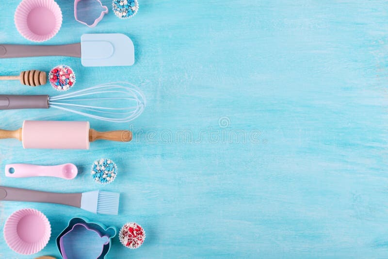 Various kitchen baking utensils. Flat lay. Top view, mockup for recipe on blue background. Various kitchen baking utensils. Flat lay. Top view, mockup for recipe on blue background.