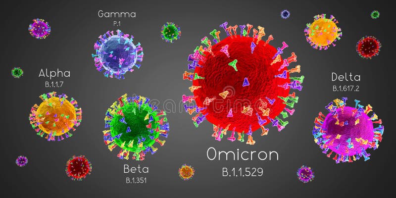 SARS-CoV-2, Covid-19 virus variants: alpha, beta, gamma, delta, omicron - 3D illustration. SARS-CoV-2, Covid-19 virus variants: alpha, beta, gamma, delta, omicron - 3D illustration