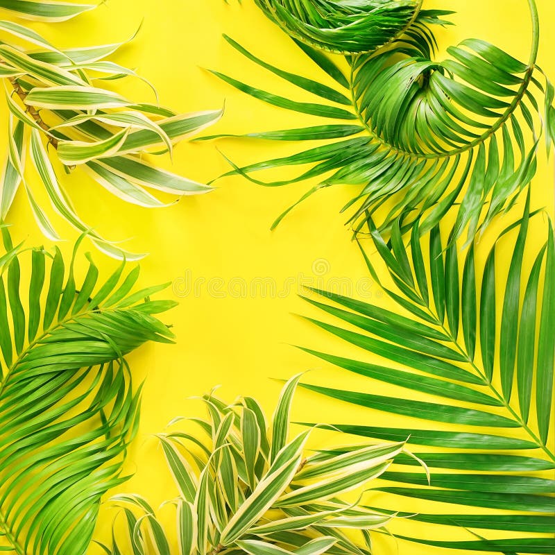 Tropical Palm Leaves Yellow Background Flat Lay Stock Photo Image of