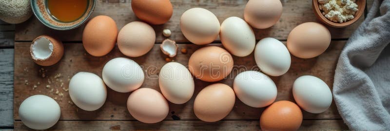 Varie uova marroni e bianche disposte su tavoletta di legno rustico. che l'immagine viene generata mediante AI.