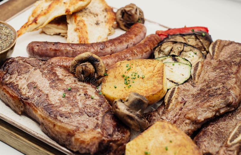 Varied Quality Meat Barbecue with Roasted Potato Stock Image Image of potato, pepper 266098385