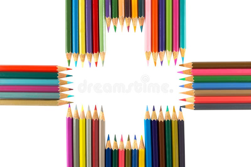 Variedad de lápices coloreados dispuestos como signo más, aislado encendido imagen de archivo libre de regalías Variedad de lápices coloreados dispuestos como signo más, aislado encendido imagen de archivo libre de regalías