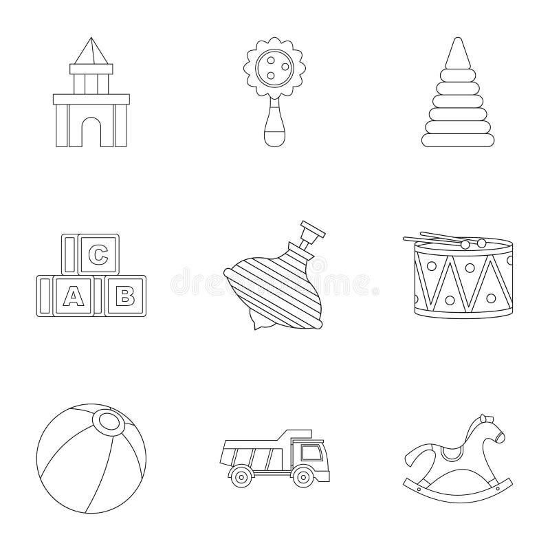 Variedade de grupo do ícone dos brinquedos das crianças, estilo do esboço ilustração stock Variedade de grupo do ícone dos brinquedos das crianças, estilo do esboço ilustração stock