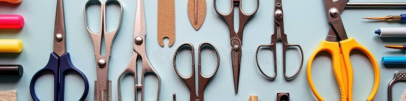 Varietate colorată de foarfece și consumabile de ambarcațiuni aranjate pe fundal albastru deschis vector illustration