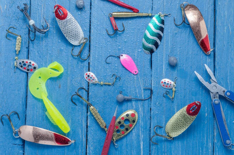 A Variety of Baits Lined Up in a Row of Drills for Woodworking. Stock